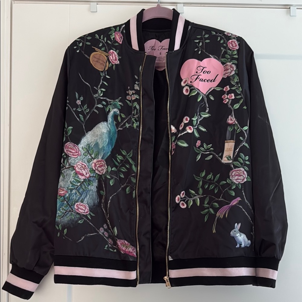 Too Faced Pink and Black Bomber Jacket with Floral Embroidery